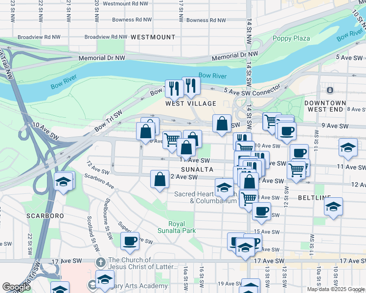 map of restaurants, bars, coffee shops, grocery stores, and more near 1720 11 Avenue Southwest in Calgary