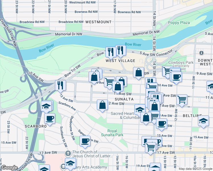map of restaurants, bars, coffee shops, grocery stores, and more near in Calgary