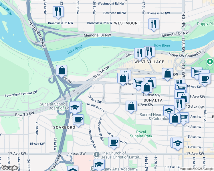 map of restaurants, bars, coffee shops, grocery stores, and more near 4312 Bow Trail Southwest in Calgary