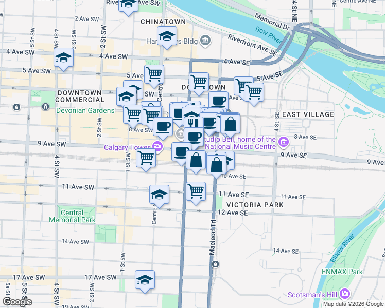 map of restaurants, bars, coffee shops, grocery stores, and more near 224 9 Avenue Southeast in Calgary