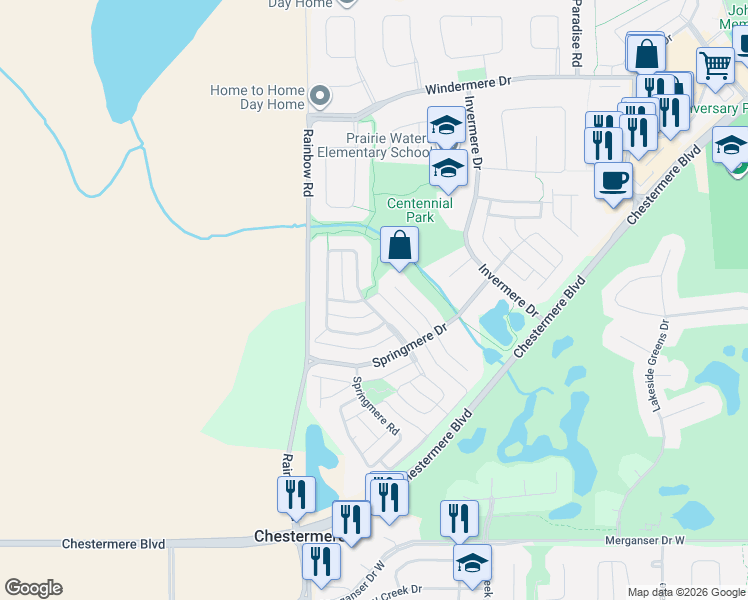 map of restaurants, bars, coffee shops, grocery stores, and more near 164 Springmere Way in Chestermere