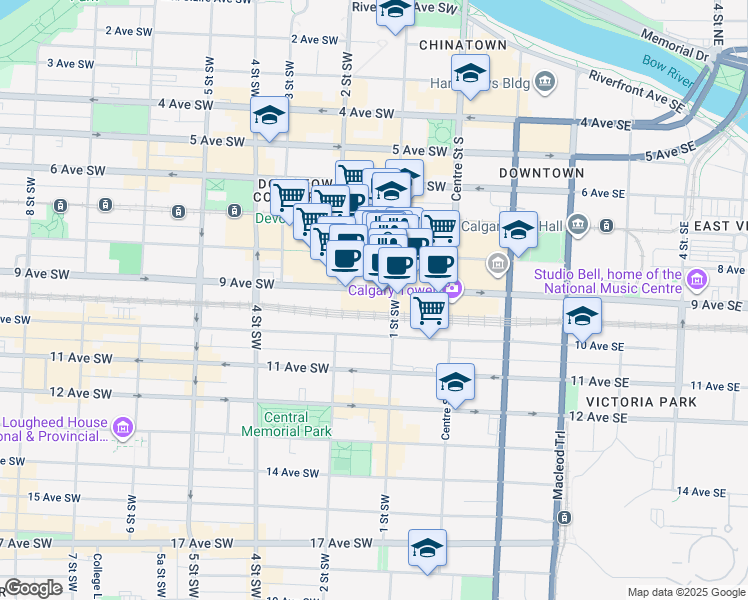 map of restaurants, bars, coffee shops, grocery stores, and more near 207 9 Avenue Southwest in Calgary