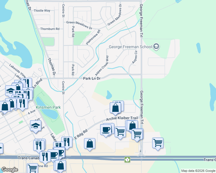 map of restaurants, bars, coffee shops, grocery stores, and more near 121 Park Lane Drive in Strathmore