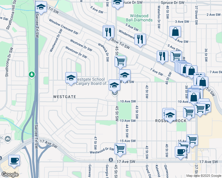 map of restaurants, bars, coffee shops, grocery stores, and more near 939 45 Street Southwest in Calgary