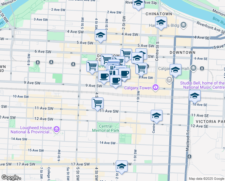 map of restaurants, bars, coffee shops, grocery stores, and more near 401 9 Avenue Southwest in Calgary