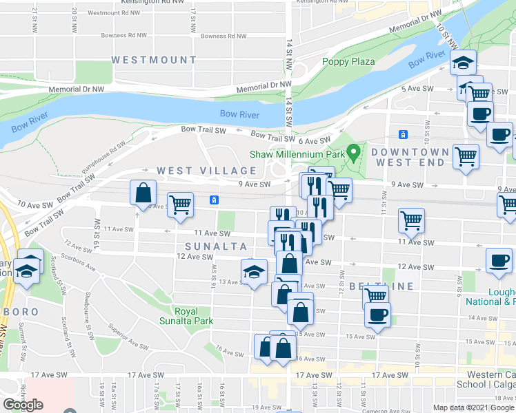 map of restaurants, bars, coffee shops, grocery stores, and more near 1516 10 Avenue Southwest in Calgary