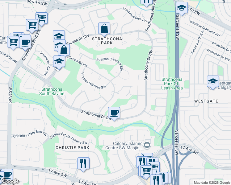 map of restaurants, bars, coffee shops, grocery stores, and more near 511 Strathcona Mews Southwest in Calgary