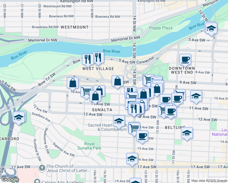 map of restaurants, bars, coffee shops, grocery stores, and more near in Calgary