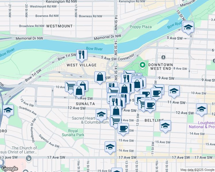 map of restaurants, bars, coffee shops, grocery stores, and more near 1516 10 Avenue Southwest in Calgary