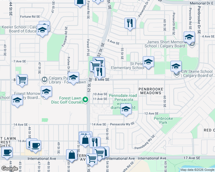 map of restaurants, bars, coffee shops, grocery stores, and more near 5404 10 Avenue Southeast in Calgary