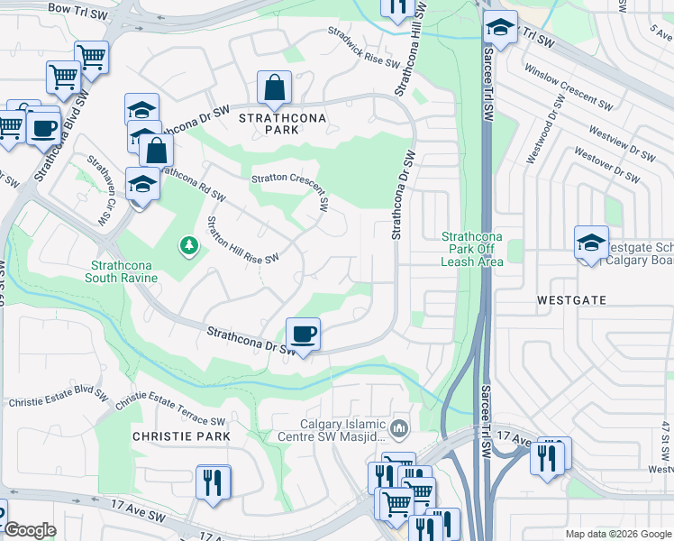 map of restaurants, bars, coffee shops, grocery stores, and more near 632 Stratton Terrace Southwest in Calgary