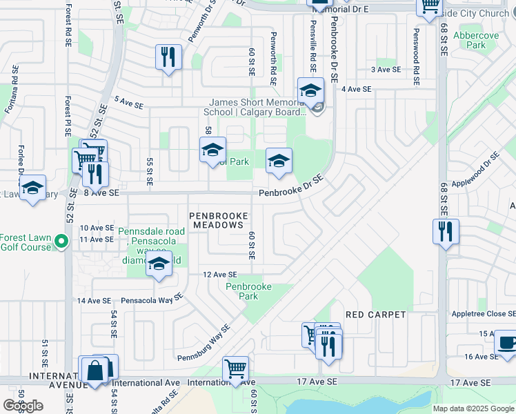 map of restaurants, bars, coffee shops, grocery stores, and more near 904 60 Street Southeast in Calgary