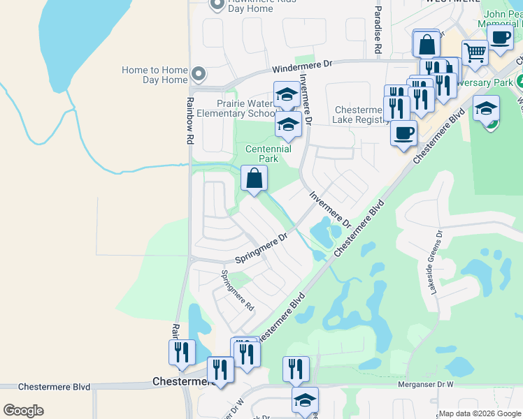 map of restaurants, bars, coffee shops, grocery stores, and more near 226 Springmere Place in Chestermere