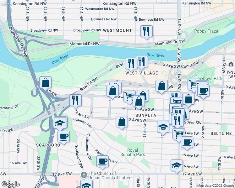map of restaurants, bars, coffee shops, grocery stores, and more near 1895 10 Avenue Southwest in Calgary