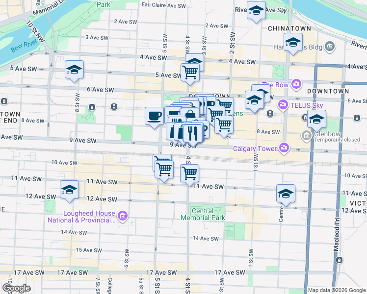 map of restaurants, bars, coffee shops, grocery stores, and more near in Calgary