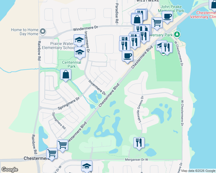 map of restaurants, bars, coffee shops, grocery stores, and more near 256 Oakmere Close in Chestermere