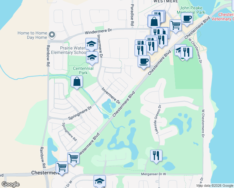 map of restaurants, bars, coffee shops, grocery stores, and more near 256 Oakmere Close in Chestermere