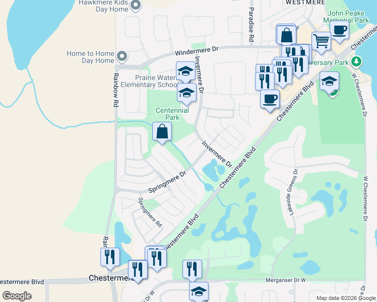 map of restaurants, bars, coffee shops, grocery stores, and more near 121 Invermere Close in Chestermere