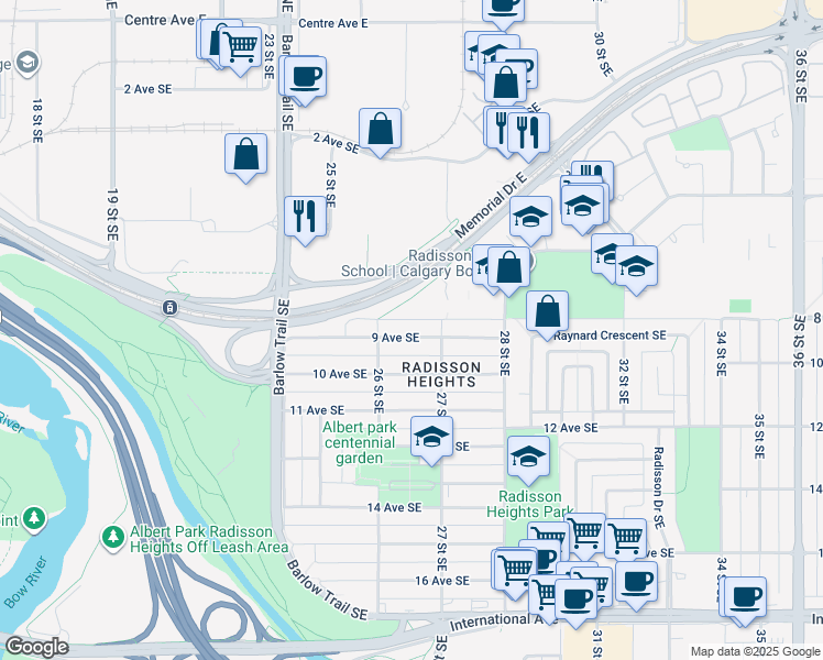 map of restaurants, bars, coffee shops, grocery stores, and more near 2722 9 Avenue Southeast in Calgary