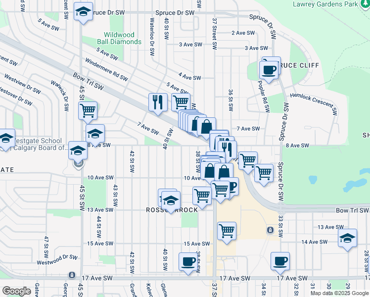 map of restaurants, bars, coffee shops, grocery stores, and more near 902 39 Street Southwest in Calgary