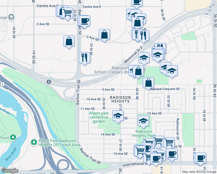 map of restaurants, bars, coffee shops, grocery stores, and more near 2722 9 Avenue Southeast in Calgary