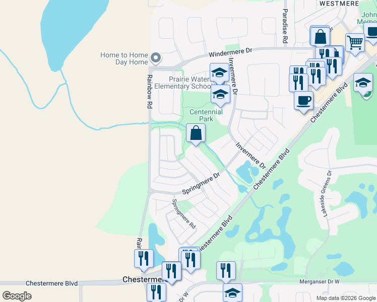map of restaurants, bars, coffee shops, grocery stores, and more near 164 Springmere Way in Chestermere
