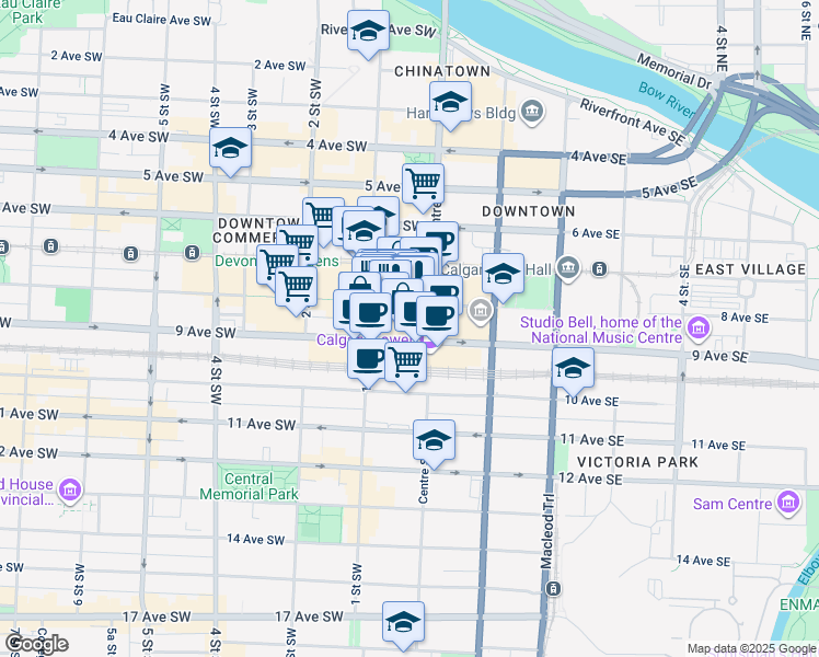 map of restaurants, bars, coffee shops, grocery stores, and more near 135 8 Avenue Southwest in Calgary