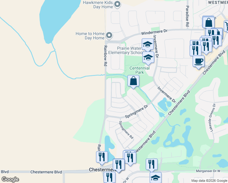 map of restaurants, bars, coffee shops, grocery stores, and more near 245 Springmere Way in Chestermere