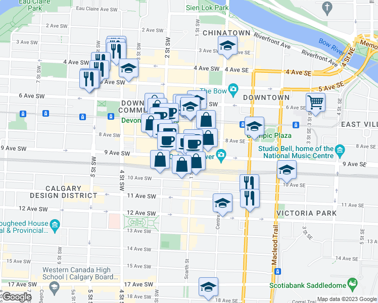 map of restaurants, bars, coffee shops, grocery stores, and more near 815 1 Street Southwest in Calgary