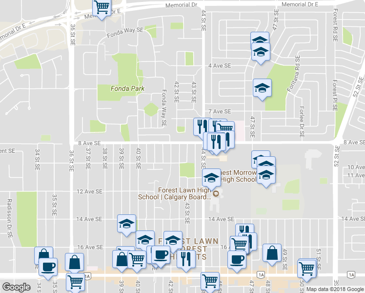 map of restaurants, bars, coffee shops, grocery stores, and more near 903 43 Street Southeast in Calgary