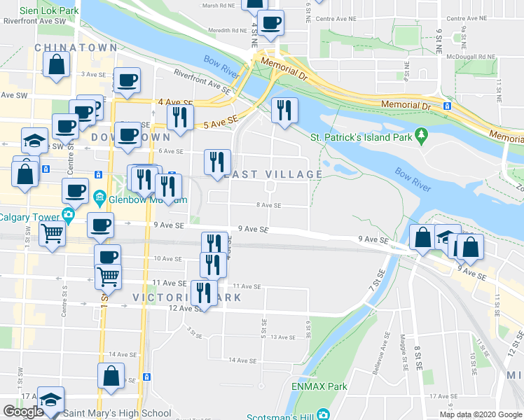 map of restaurants, bars, coffee shops, grocery stores, and more near in Calgary