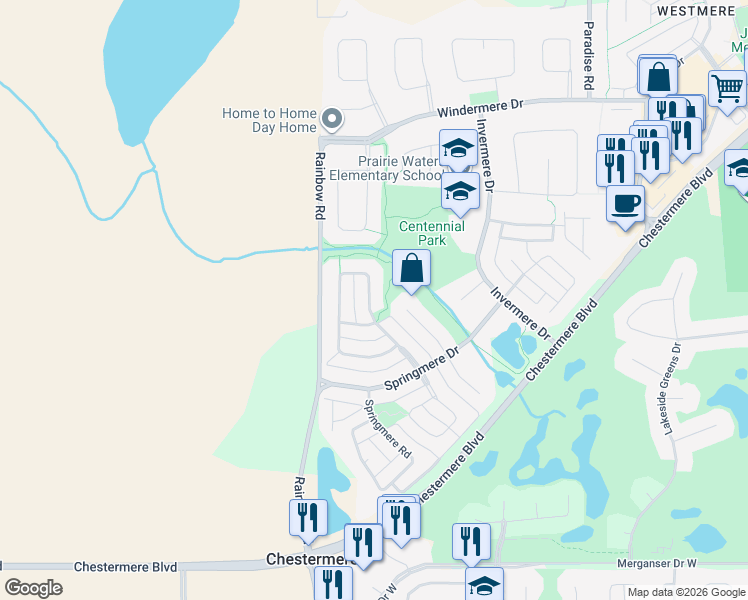map of restaurants, bars, coffee shops, grocery stores, and more near 164 Springmere Way in Chestermere
