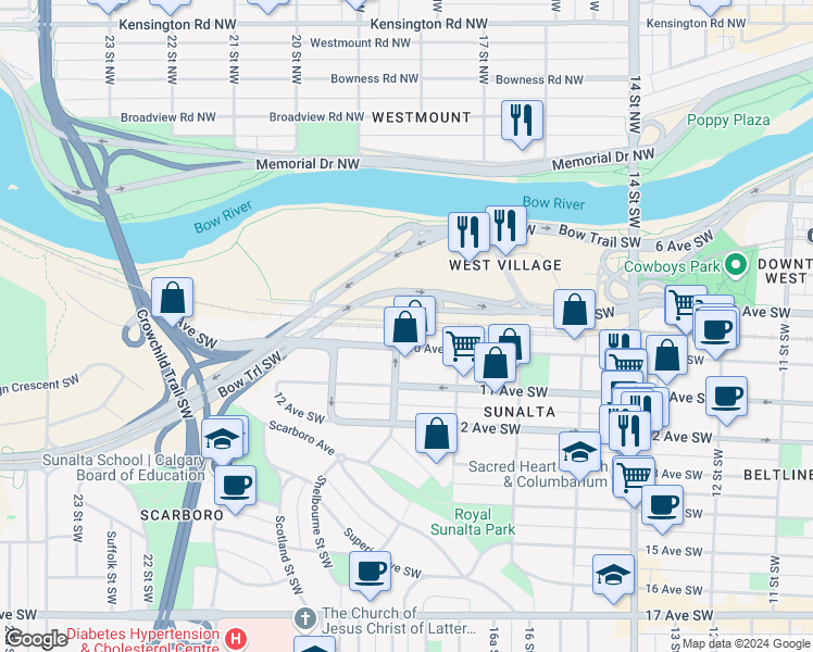 map of restaurants, bars, coffee shops, grocery stores, and more near 1895 10 Avenue Southwest in Calgary