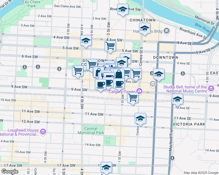 map of restaurants, bars, coffee shops, grocery stores, and more near 850 2 Street Southwest in Calgary