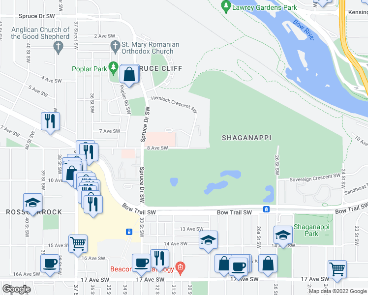 map of restaurants, bars, coffee shops, grocery stores, and more near 3333 8 Avenue Southwest in Calgary
