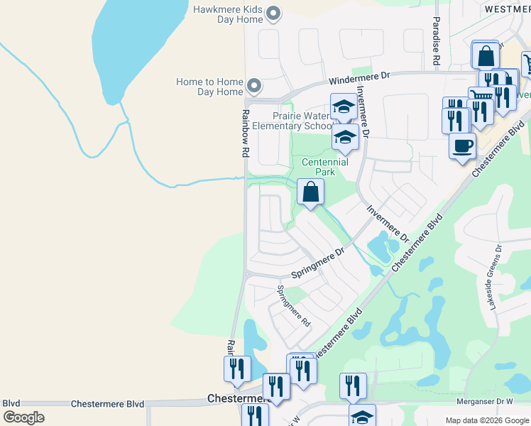 map of restaurants, bars, coffee shops, grocery stores, and more near 245 Springmere Way in Chestermere