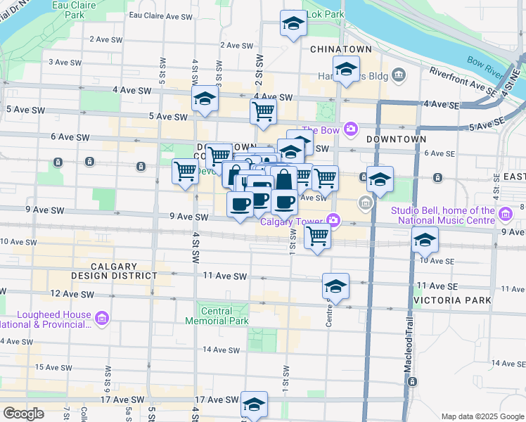 map of restaurants, bars, coffee shops, grocery stores, and more near 850 2 Street Southwest in Calgary