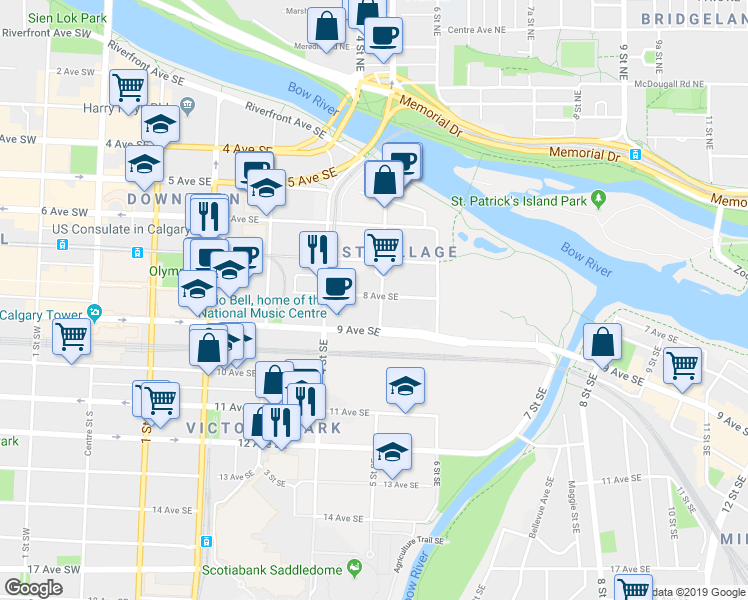 map of restaurants, bars, coffee shops, grocery stores, and more near in Calgary