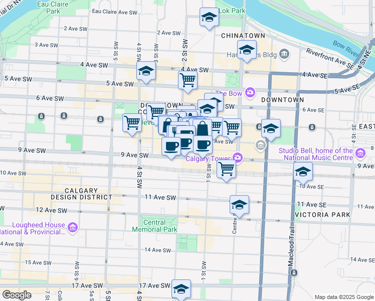 map of restaurants, bars, coffee shops, grocery stores, and more near 850 2 Street Southwest in Calgary