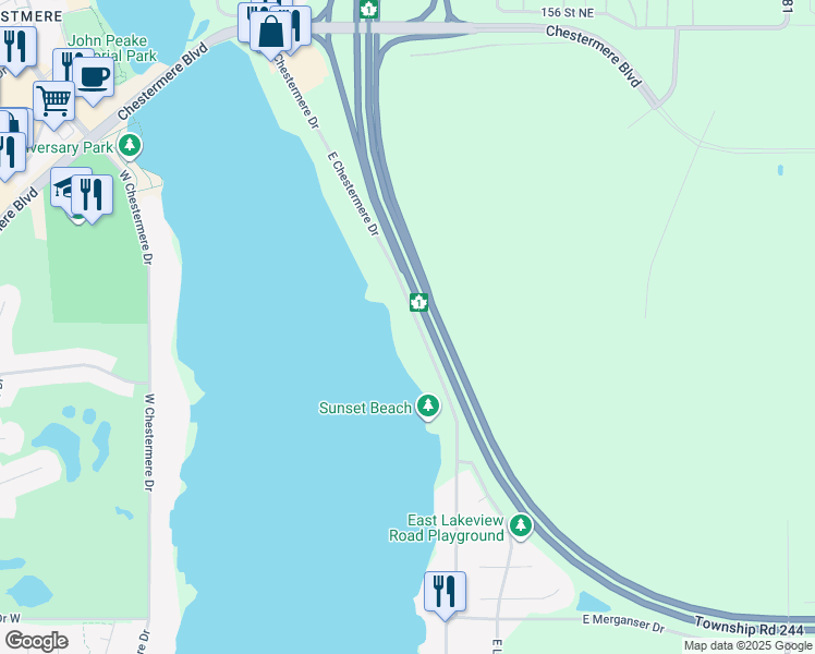 map of restaurants, bars, coffee shops, grocery stores, and more near 313 East Chestermere Drive in Chestermere