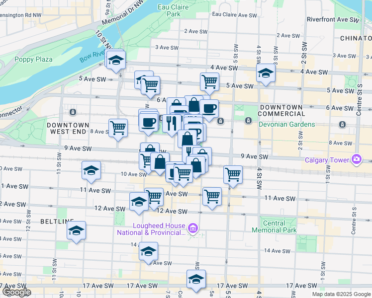 map of restaurants, bars, coffee shops, grocery stores, and more near 718 9 Avenue Southwest in Calgary