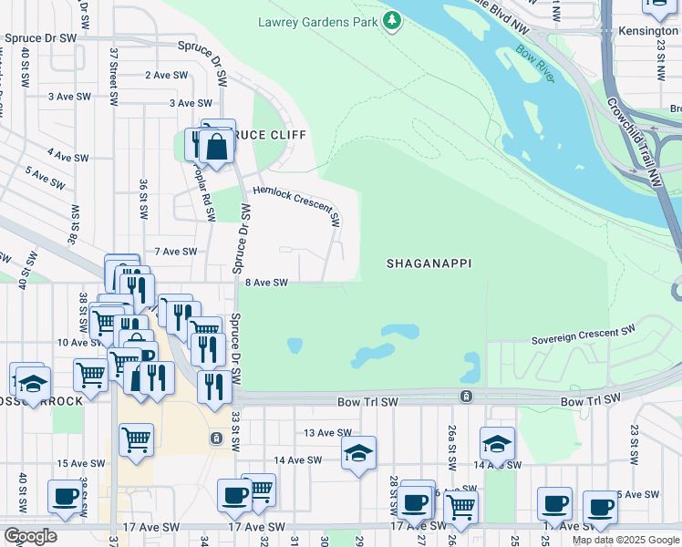 map of restaurants, bars, coffee shops, grocery stores, and more near 3000 8 Avenue Southwest in Calgary