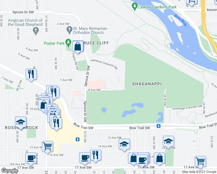 map of restaurants, bars, coffee shops, grocery stores, and more near 3333 8 Avenue Southwest in Calgary