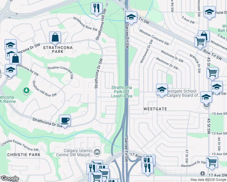 map of restaurants, bars, coffee shops, grocery stores, and more near in Calgary