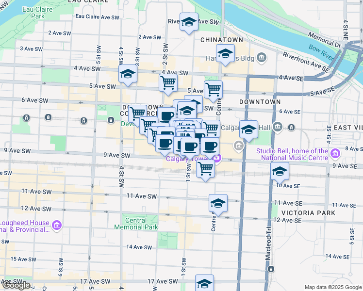 map of restaurants, bars, coffee shops, grocery stores, and more near 207 9 Avenue Southwest in Calgary