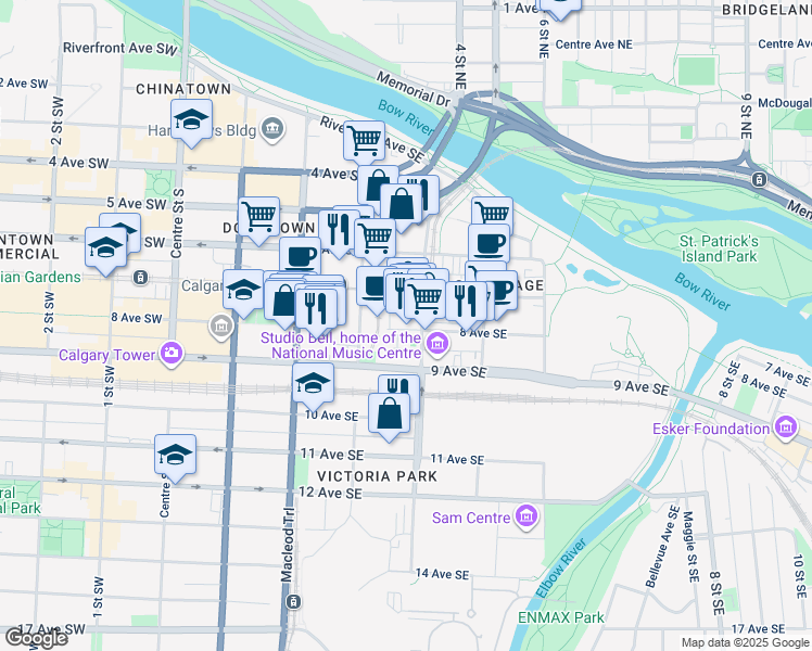 map of restaurants, bars, coffee shops, grocery stores, and more near 450 8 Avenue Southeast in Calgary