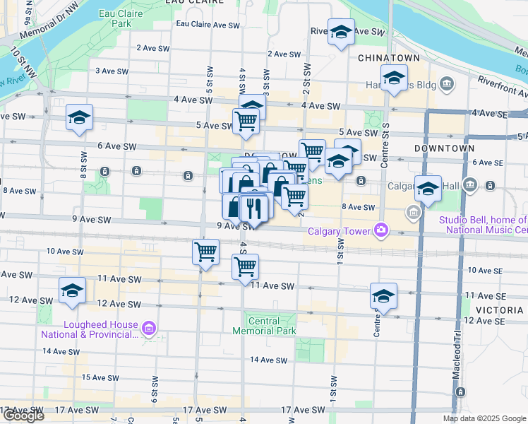 map of restaurants, bars, coffee shops, grocery stores, and more near 401 9 Avenue Southwest in Calgary