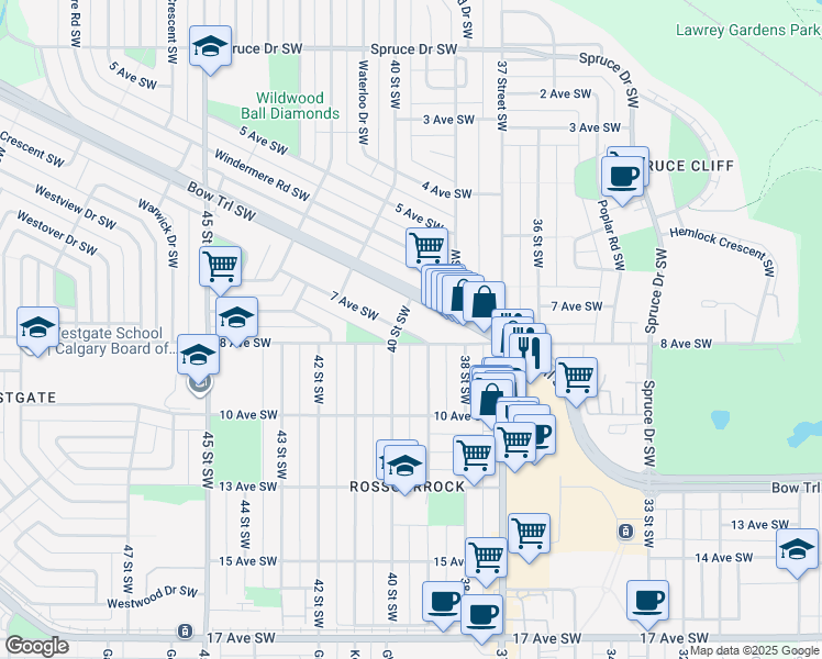map of restaurants, bars, coffee shops, grocery stores, and more near 902 39 Street Southwest in Calgary