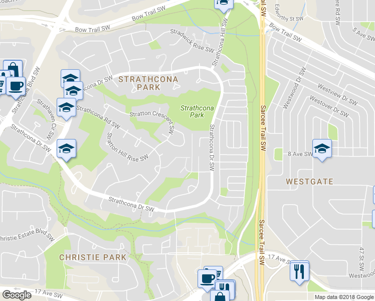 map of restaurants, bars, coffee shops, grocery stores, and more near 632 Stratton Terrace Southwest in Calgary
