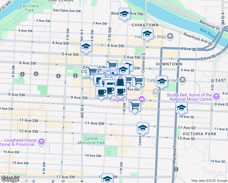 map of restaurants, bars, coffee shops, grocery stores, and more near 850 2 Street Southwest in Calgary